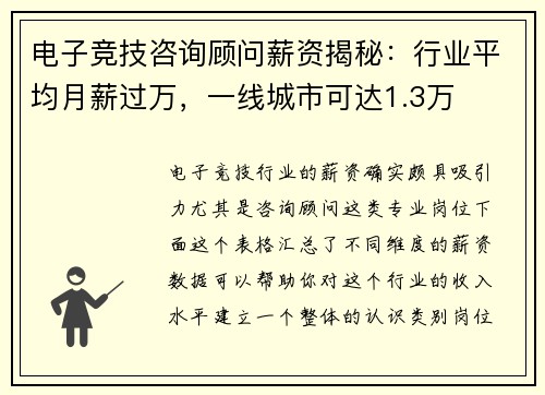 电子竞技咨询顾问薪资揭秘：行业平均月薪过万，一线城市可达1.3万